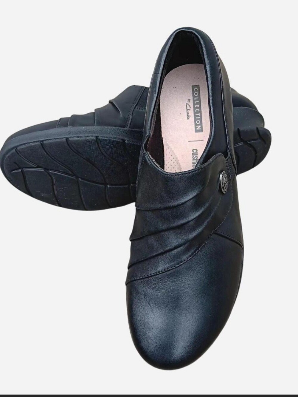 Clarks Hope Roxanne Slip On Comfort Loafer Black Leather Ruched Women's 7.5M